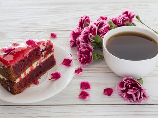 Обои цветы, кофе, букет, торт, десерт, пирожное, гвоздики, крем, flowers, coffee, bouquet, cake, dessert, clove, cream разрешение 1920x1200 Загрузить