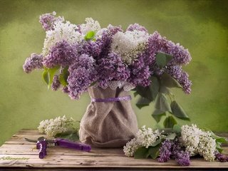 Обои цветы, природа, букет, сирень, натюрморт, мешковина, flowers, nature, bouquet, lilac, still life, burlap разрешение 2000x1333 Загрузить