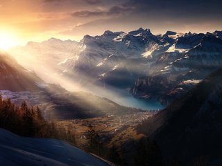 Обои горы, снег, природа, пейзаж, швейцария, солнечные лучи, mountains, snow, nature, landscape, switzerland, the sun's rays разрешение 2048x1126 Загрузить