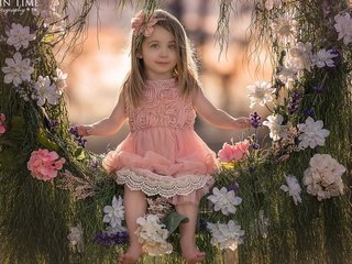 Обои цветы, трава, природа, девочка, ребенок, качели, качается, flowers, grass, nature, girl, child, swing, swinging разрешение 1920x1200 Загрузить