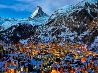 Обои ночь, огни, город, швейцария, альпы, церматт, night, lights, the city, switzerland, alps, zermatt разрешение 1920x1200 Загрузить