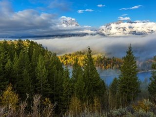 Обои вайоминг, облака, гранд-титон, деревья, река, горы, лес, пейзаж, осень, сша, wyoming, clouds, grand teton, trees, river, mountains, forest, landscape, autumn, usa разрешение 5120x3413 Загрузить