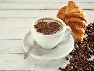 Обои кофе, блюдце, чашка, кофейные зерна, круассан, круассаны, coffee, saucer, cup, coffee beans, croissant, croissants разрешение 5616x3744 Загрузить