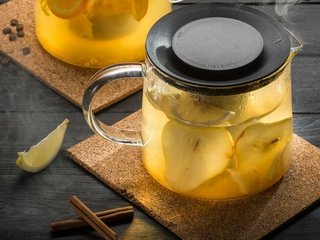 Обои напиток, корица, фрукты, лимон, чай, груша, drink, cinnamon, fruit, lemon, tea, pear разрешение 2400x1640 Загрузить