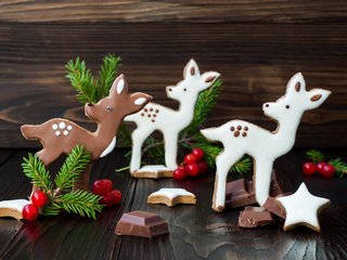 Обои ветка, елка, олени, рождество, шоколад, сладкое, печенье, branch, tree, deer, christmas, chocolate, sweet, cookies разрешение 4200x2800 Загрузить