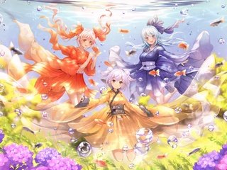 Обои цветы, улыбка, пузыри, рыбы, аниме, девушки, под водой, flowers, smile, bubbles, fish, anime, girls, under water разрешение 2050x1208 Загрузить