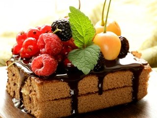 Обои мята, тортик, малина, ягоды, вишня, шоколад, ежевика, смородина, пирожное, mint, raspberry, berries, cherry, chocolate, blackberry, currants, cake разрешение 3840x2160 Загрузить