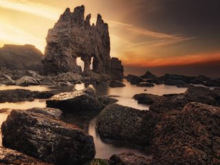 Обои скалы, камни, закат, море, побережье, испания, rocks, stones, sunset, sea, coast, spain разрешение 2560x1600 Загрузить