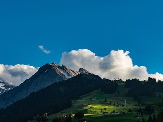 Обои небо, облака, деревья, горы, природа, пейзаж, швейцария, the sky, clouds, trees, mountains, nature, landscape, switzerland разрешение 4897x3268 Загрузить