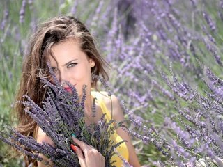 Обои цветы, природа, девушка, лаванда, взгляд, волосы, лицо, flowers, nature, girl, lavender, look, hair, face разрешение 4272x2848 Загрузить