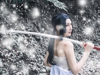 Обои девушка, фон, меч, взгляд, волосы, азиатка, girl, background, sword, look, hair, asian разрешение 2048x1365 Загрузить