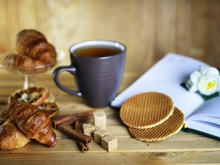 Обои корица, чай, книга, сахар, выпечка, вафли, круассаны, cinnamon, tea, book, sugar, cakes, waffles, croissants разрешение 3000x2000 Загрузить