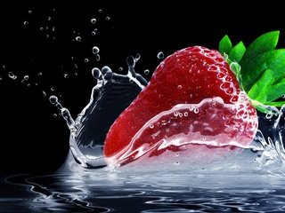 Обои вода, капли, клубника, брызги, черный фон, всплеск, water, drops, strawberry, squirt, black background, splash разрешение 2560x1440 Загрузить