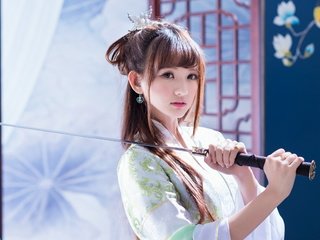 Обои девушка, меч, взгляд, лицо, самурай, кимоно, катана, girl, sword, look, face, samurai, kimono, katana разрешение 2560x1600 Загрузить