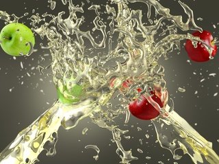 Обои капли, фрукты, яблоки, брызги, всплеск, сок, drops, fruit, apples, squirt, splash, juice разрешение 6000x3375 Загрузить