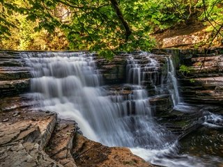 Обои деревья, скалы, лес, пейзаж, водопад, поток, англия, йоркшир, trees, rocks, forest, landscape, waterfall, stream, england, yorkshire разрешение 2048x1331 Загрузить