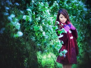 Обои зелень, девушка, фон, сад, азиатка, стоит, greens, girl, background, garden, asian, is разрешение 1920x1200 Загрузить
