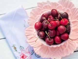 Обои стол, черешня, ягоды, вишня, чашка, завтрак, салфетка, тарелка, table, cherry, berries, cup, breakfast, napkin, plate разрешение 3840x2160 Загрузить