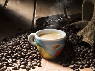 Обои кофе, чашка, кофейные зерна, мешковина, совок, coffee, cup, coffee beans, burlap, scoop разрешение 7014x4324 Загрузить