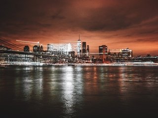 Обои ночь, огни, вода, город, нью-йорк, городской пейзаж, night, lights, water, the city, new york, the urban landscape разрешение 6000x4000 Загрузить