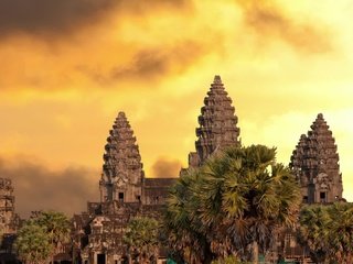 Обои храм, закат, азия, башни, камбоджа, ангкор ват, temple, sunset, asia, tower, cambodia, angkor wat разрешение 1920x1080 Загрузить