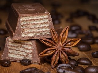 Обои корица, кофе, шоколад, кофейные зерна, вафли, анис, бадьян, cinnamon, coffee, chocolate, coffee beans, waffles, anis, star anise разрешение 2048x1360 Загрузить