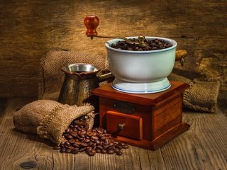 Обои зерна, кофе, мешок, кофейные зерна, турка, кофемолка, grain, coffee, bag, coffee beans, turk, coffee grinder разрешение 4878x3661 Загрузить