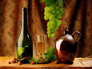 Обои листья, штора, орехи, натюрморт, виноград, грецкий орех, бокал, вино, бутылка, кувшин, фундук, leaves, blind, nuts, still life, grapes, walnut, glass, wine, bottle, pitcher, hazelnuts разрешение 2000x1600 Загрузить