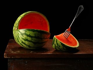 Обои стол, арбуз, вилка, черный фон, мякоть, table, watermelon, plug, black background, the flesh разрешение 2048x1360 Загрузить