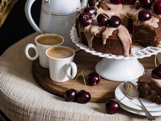 Обои кофе, натюрморт, черешня, ложка, кресло, кекс, вишня, чашка, тарелка, выпечка, десерт, пирог, pie, coffee, still life, cherry, spoon, chair, cupcake, cup, plate, cakes, dessert разрешение 2048x1136 Загрузить