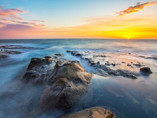 Обои небо, облака, камни, берег, закат, океан, сша, орегон, the sky, clouds, stones, shore, sunset, the ocean, usa, oregon разрешение 3840x2400 Загрузить