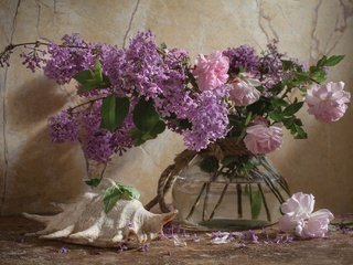 Обои цветы, розы, роза, букет, ваза, ракушка, сирень, натюрморт, flowers, roses, rose, bouquet, vase, shell, lilac, still life разрешение 2048x1365 Загрузить