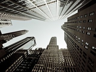 Обои город, чёрно-белое, небоскребы, дома, нью-йорк, здания, the city, black and white, skyscrapers, home, new york, building разрешение 1920x1200 Загрузить