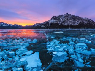 Обои озеро, горы, закат, зима, пейзаж, лёд, lake, mountains, sunset, winter, landscape, ice разрешение 1920x1200 Загрузить