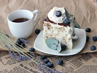 Обои лаванда, кофе, черника, газета, торт, голубика, кусок торта, lavender, coffee, blueberries, newspaper, cake, piece of cake разрешение 1998x1332 Загрузить