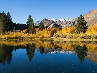 Обои небо, осень, деревья, вода, озеро, горы, природа, берег, отражение, the sky, autumn, trees, water, lake, mountains, nature, shore, reflection разрешение 1920x1280 Загрузить