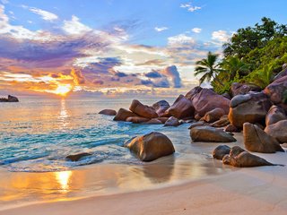 Обои закат, море, пляж, остров, тропики, сейшелы, sunset, sea, beach, island, tropics, seychelles разрешение 4243x2829 Загрузить