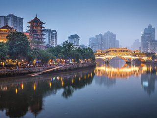 Обои ночь, огни, мост, город, китай, ченду, night, lights, bridge, the city, china, chengdu разрешение 3840x2400 Загрузить