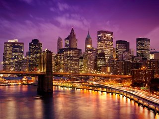 Обои ночь, огни, мост, город, сша, нью-йорк, манхэттен, night, lights, bridge, the city, usa, new york, manhattan разрешение 1920x1200 Загрузить