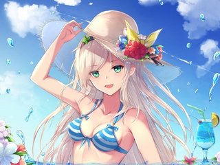 Обои праздник,  бикини, летнее, веселая, аниме девочка, holiday, bikini, summer, fun, anime girl разрешение 1920x1359 Загрузить