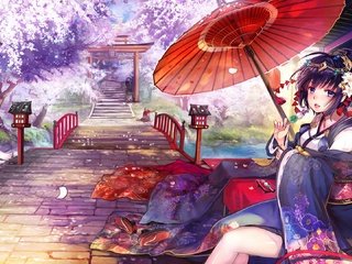 Обои japanese clothes, тории, румяна, аниме девочка, sakura blossom, shrine, torii, blush, anime girl разрешение 1920x1080 Загрузить