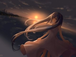 Обои облака, закат, города, вокалоид, twintails, в платье, мику хацунэ, clouds, sunset, city, vocaloid, dress, hatsune miku разрешение 2480x1748 Загрузить