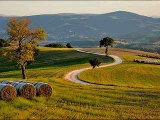 Обои дорога, трава, деревья, холмы, поле, сено, италиа, road, grass, trees, hills, field, hay, italia разрешение 2048x1152 Загрузить