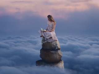 Обои облака, горы, камни, девушка, платье, книга, чтение, clouds, mountains, stones, girl, dress, book, reading разрешение 1920x1200 Загрузить