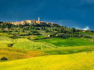 Обои небо, поля, панорама, италия, тоскана, pienza, пьенца, the sky, field, panorama, italy, tuscany разрешение 2048x1216 Загрузить