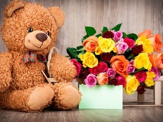 Обои цветы, святого, розы, медвежонок, мишка, игрушка, букет, подарок, день святого валентина, 14 февраля, flowers, holy, roses, bear, toy, bouquet, gift, valentine's day, 14 feb разрешение 2880x1800 Загрузить