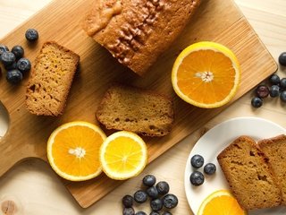 Обои еда, апельсин, выпечка, кекс, голубика, food, orange, cakes, cupcake, blueberries разрешение 2048x1337 Загрузить