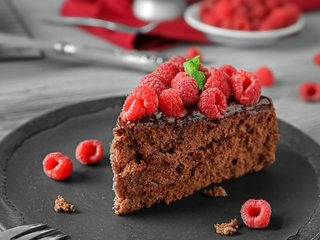 Обои малина, ягоды, шоколад, сладкое, торт, десерт, пирожное, кусочек, raspberry, berries, chocolate, sweet, cake, dessert, piece разрешение 5760x3840 Загрузить