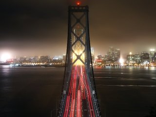 Обои ночь, огни, мост, город, сша, сан-франциско, калифорния, bay bridge, бэй бридж, night, lights, bridge, the city, usa, san francisco, ca разрешение 3840x2160 Загрузить