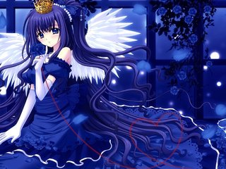 Обои цветы, голубые глаза, украшения, ленты, девушка, синие волосы, длинные волосы, платье, розы, крылья, аниме, ангел, flowers, blue eyes, decoration, tape, blue hair, girl, long hair, dress, roses, wings, anime, angel разрешение 2560x1600 Загрузить